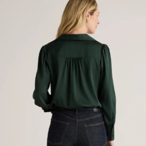 NWT - QUINCE Washable Stretch Silk Split Neck Blouse - Forest Green - Medium - Picture 2 of 7